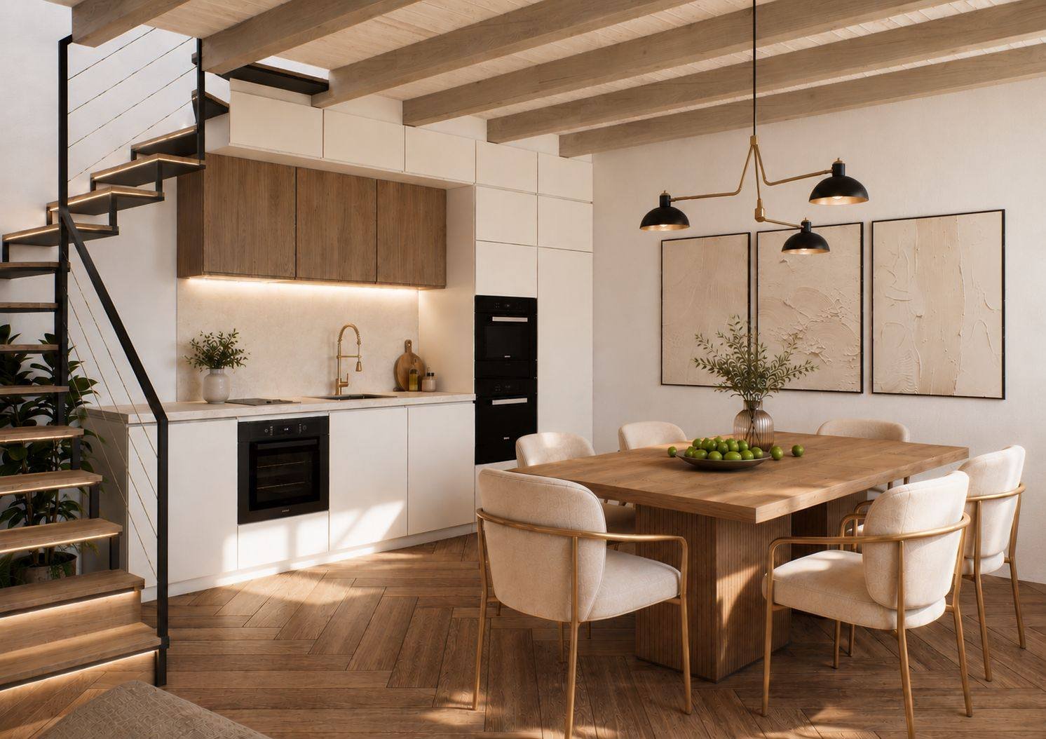 Duplex H: kitchen and dining under timber beams